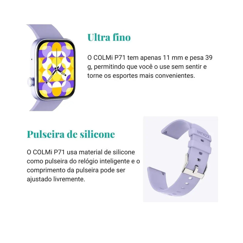 Smartwatch Colmi P71 Homens e Mulheres Chamada por Voz para , Monitoramento de Saúde, Impermeável, Notificação Inteligente